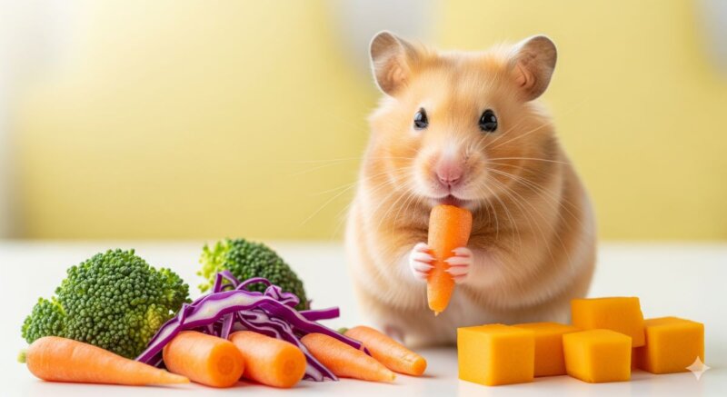 Safe vegetables for hamsters - golden hamster with fresh carrots and vegetables