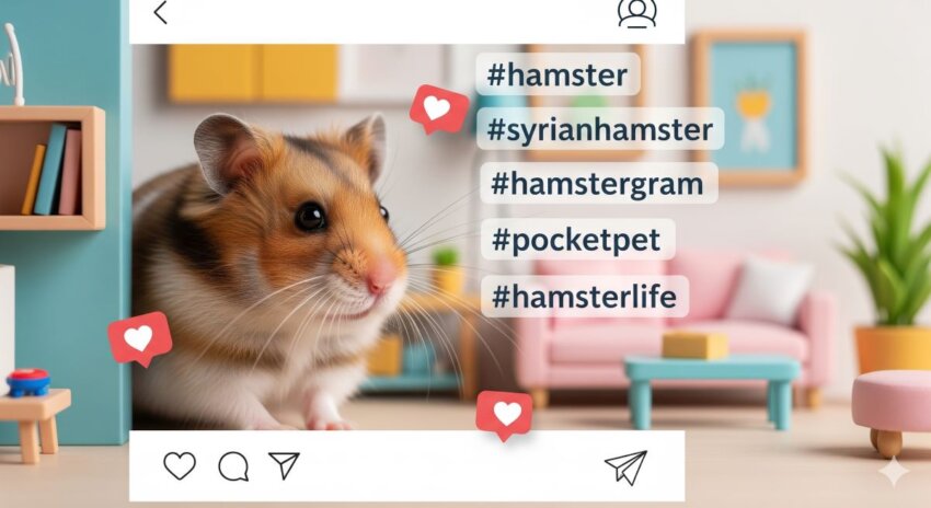 SNSで人気のハムスター関連英語ハッシュタグを表示した現代的なイラスト