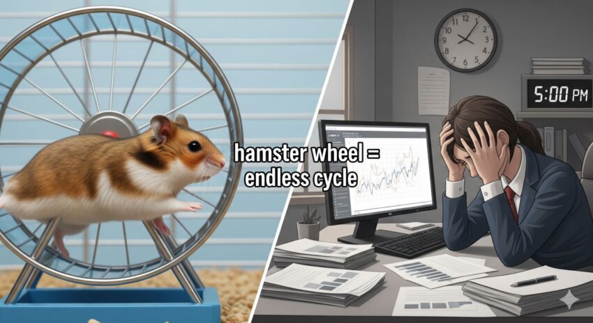 「hamster wheel」というイディオムの意味を視覚的に説明した比較イラスト