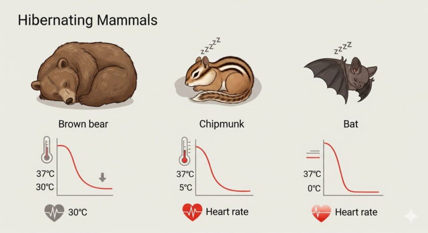 哺乳類の冬眠比較図:クマ、シマリス、コウモリの冬眠時の体温変化と心拍数の違いを示すインフォグラフィック