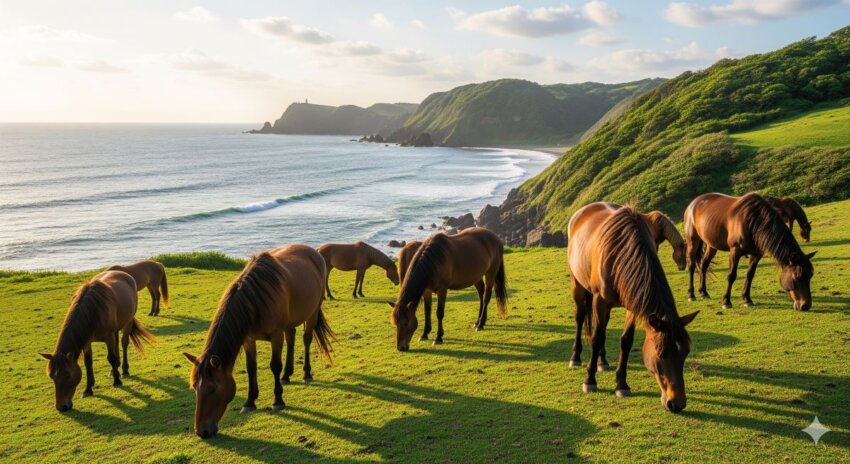 都井岬で草を食む御崎馬と太平洋の絶景