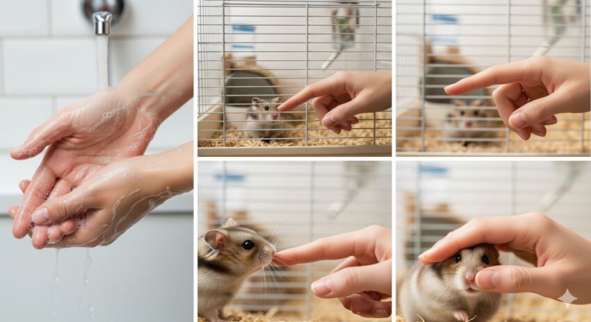 ハムスターへの正しい接し方を示すステップ画像