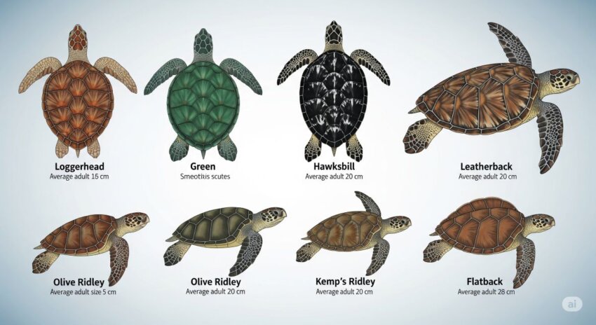 世界に生息する7種のウミガメの比較図(英語版)