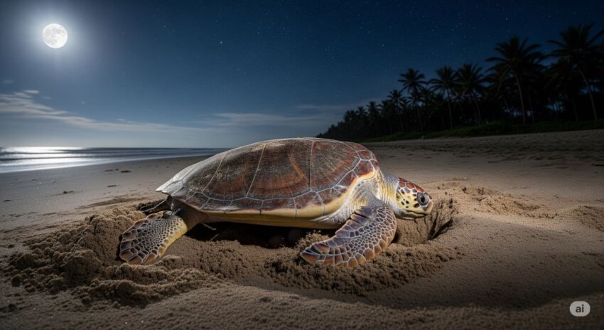 砂浜で産卵するアカウミガメの夜間の様子