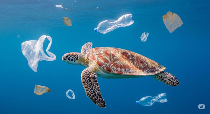 海洋プラスチック汚染の脅威にさらされるウミガメ