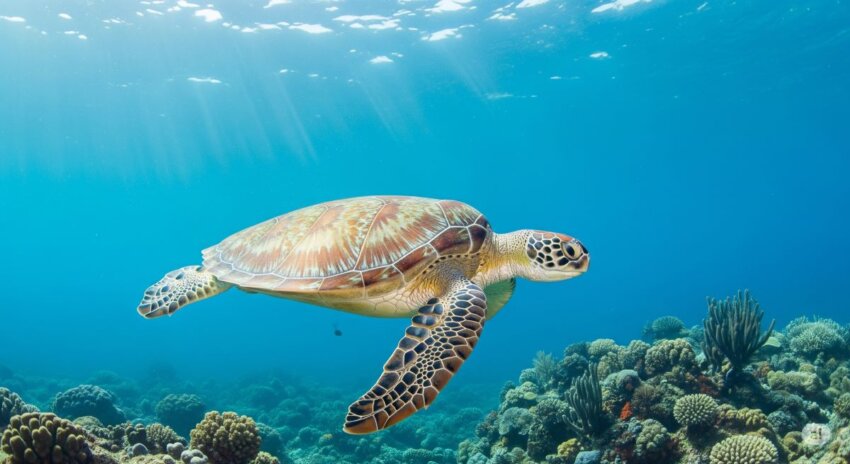 澄んだ青い海を優雅に泳ぐアオウミガメの水中写真
