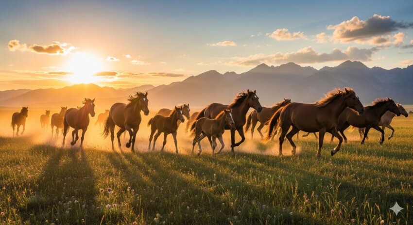 夕暮れの草原を自由に駆け回る野生馬の群れ