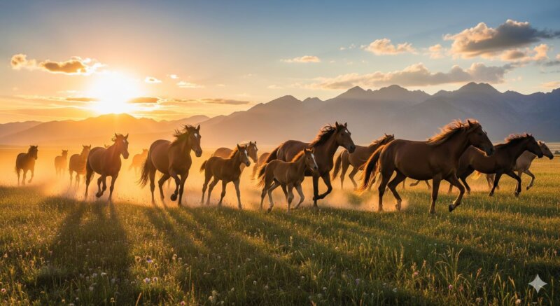 夕暮れの草原を自由に駆け回る野生馬の群れ