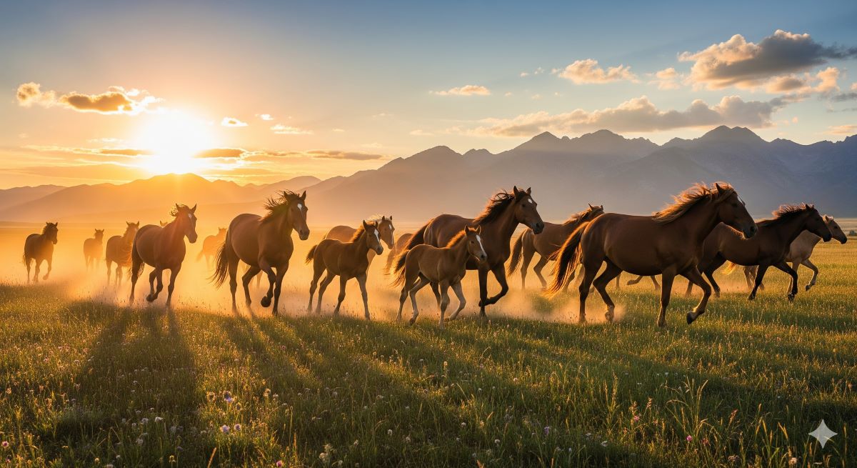 夕暮れの草原を自由に駆け回る野生馬の群れ