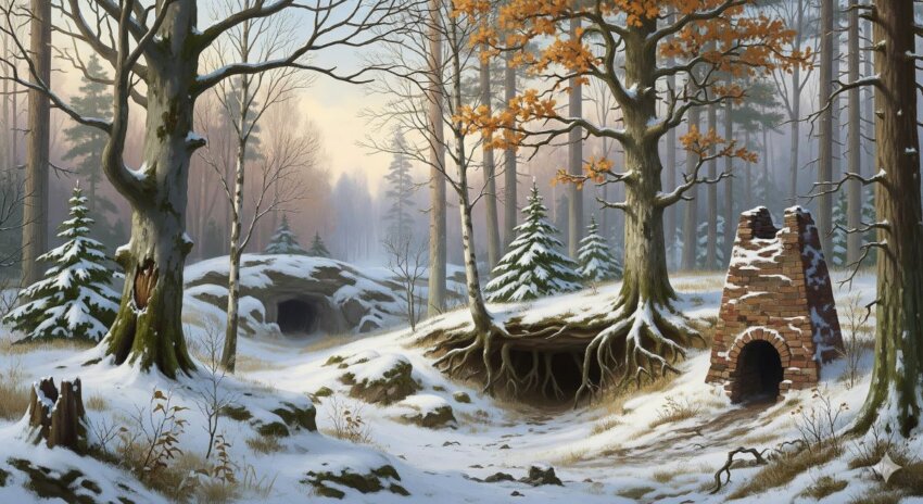 冬の森林風景：雪に覆われた森で、様々な冬眠場所が点在する自然環境