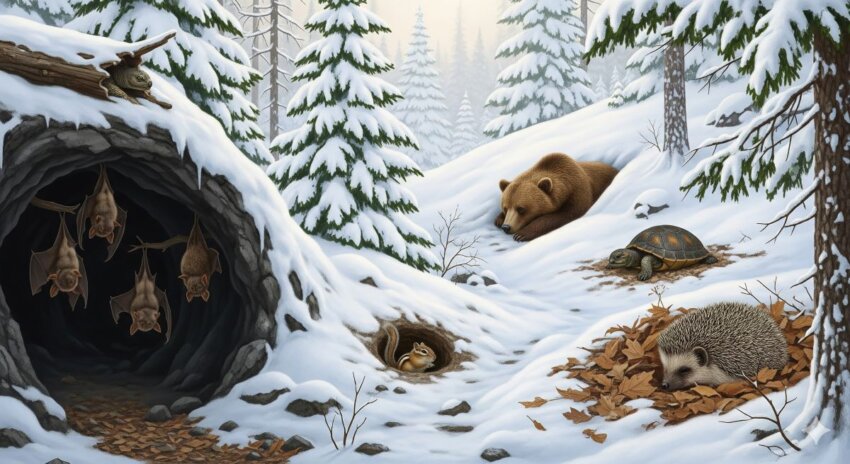 冬の森林風景:雪に覆われた森で、クマの巣穴、シマリスの穴、コウモリの洞窟など様々な冬眠場所が見える自然風景