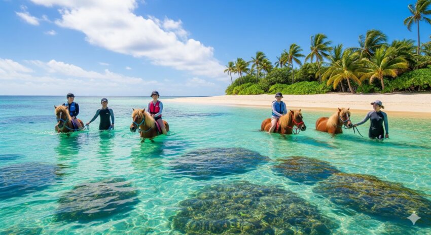 沖縄の海で遊ぶ与那国馬