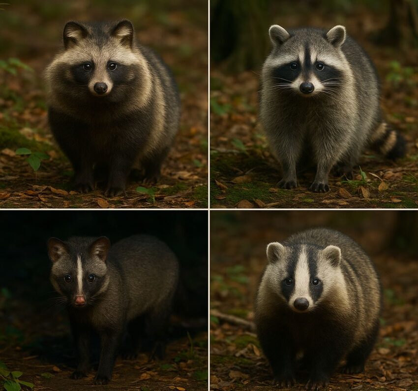 タヌキ、アライグマ、ハクビシン、アナグマの4種類を一覧比較した識別ガイド。それぞれの特徴的な顔の模様、体型、尻尾の違いが明確にわかる写真