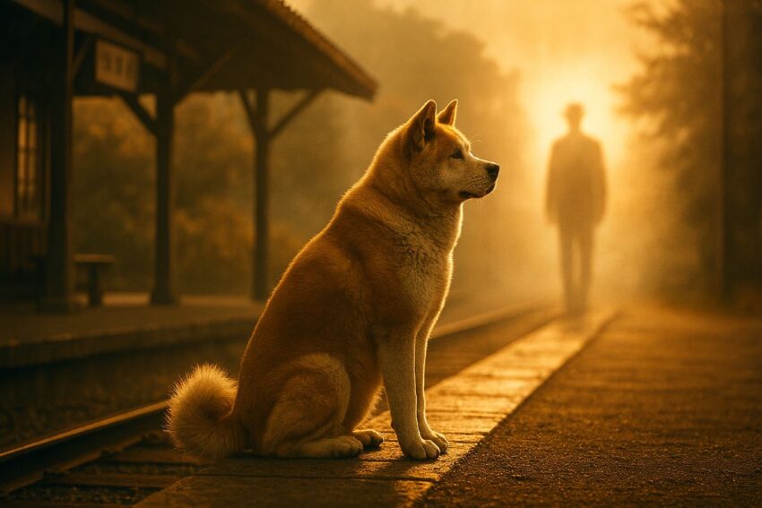 Artistic representation connecting modern musician with the spirit of Hachiko through music and divine light