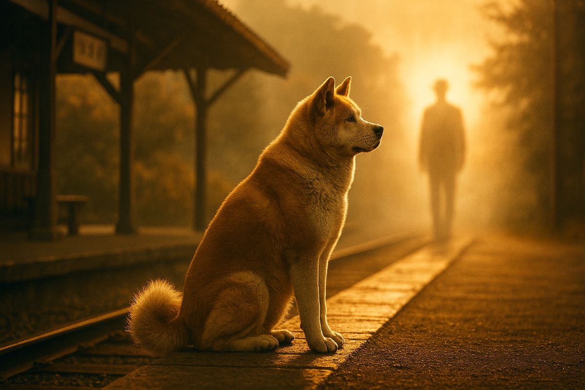 Artistic representation connecting modern musician with the spirit of Hachiko through music and divine light