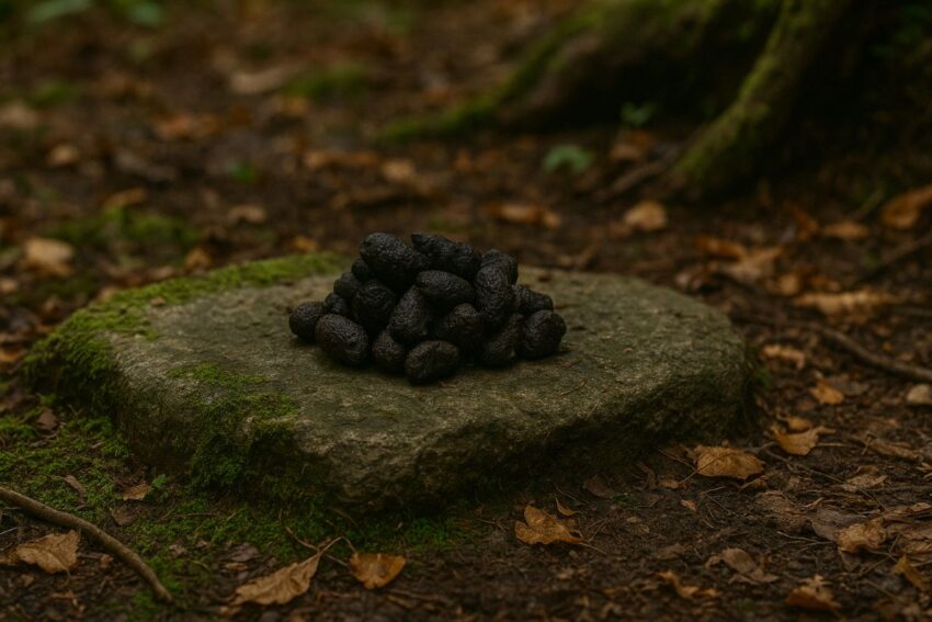 タヌキのタメ糞の習性を示す写真。森の中の特定の場所に複数のタヌキが共同で糞をする生態学的な行動を記録
