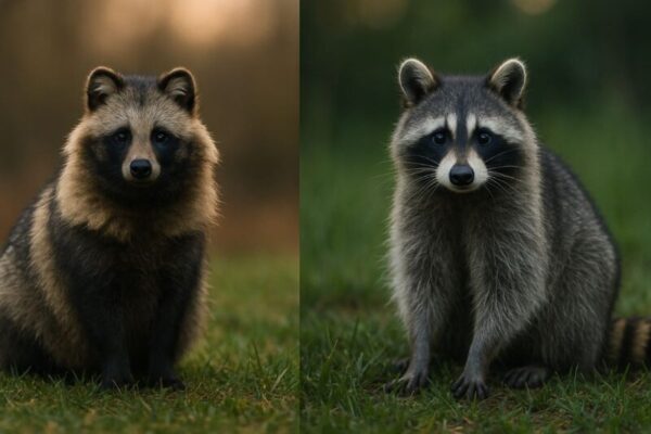 タヌキとアライグマの比較画像。左側にずんぐりした体型で縞模様のない尻尾を持つタヌキ、右側に細身で縞模様のある長い尻尾を持つアライグマを並べた写真