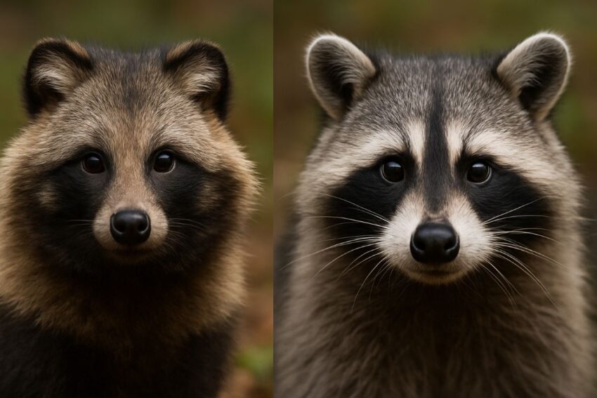 タヌキとアライグマの顔の比較。左のタヌキは目の周りに黒い毛があり眉間に線がなく、右のアライグマは眉間から鼻にかけて黒い縦線がある