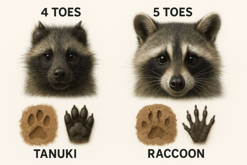 タヌキとアライグマの手足と足跡の比較。タヌキは4本指で犬のような形、アライグマは5本指で人間の手のような形をしている