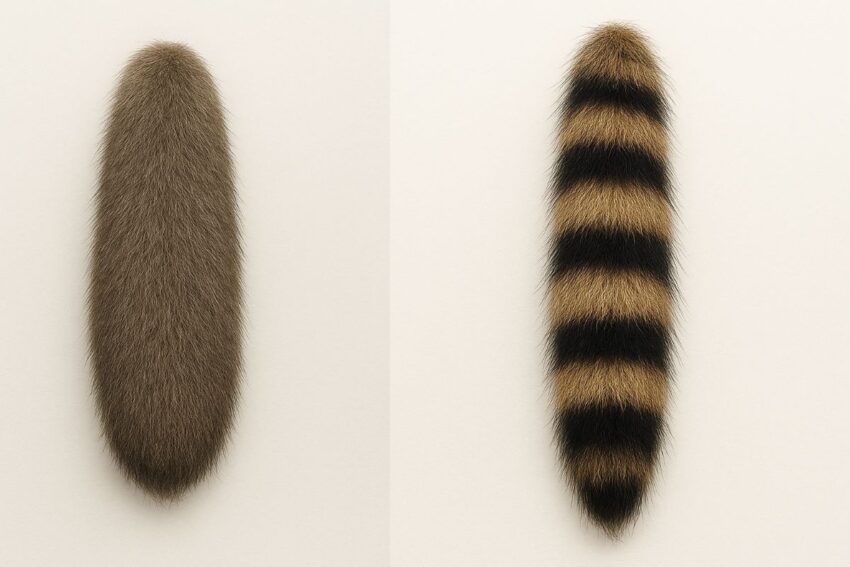 タヌキとアライグマの尻尾の比較。左は縞模様のない短い茶色いタヌキの尻尾、右は黒と茶色の縞模様が交互に入った長いアライグマの尻尾