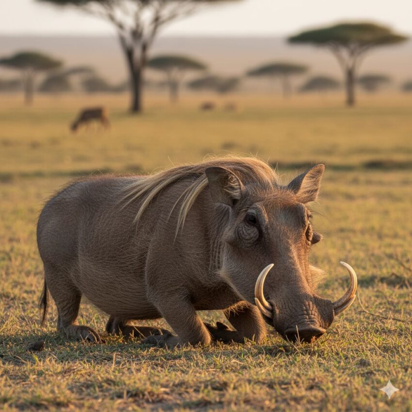 African warthog with prominent facial warts and upward-curving tusks feeding in savanna grassland habitat