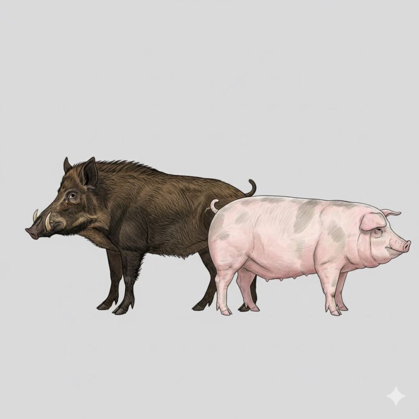 イノシシと豚の身体的特徴を比較した教育的イラスト、体型や脚の長さ、牙の違いを示す