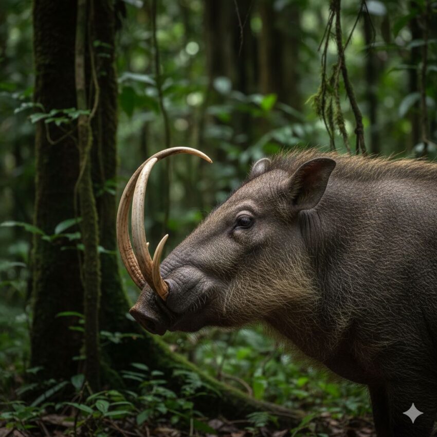 Male babirusa with remarkable upper tusks piercing through snout and curving upward toward forehead in rainforest