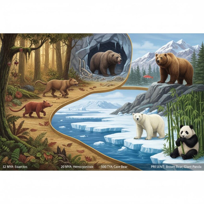 Bear evolution timeline spanning 32 million years from small ancestors to modern species