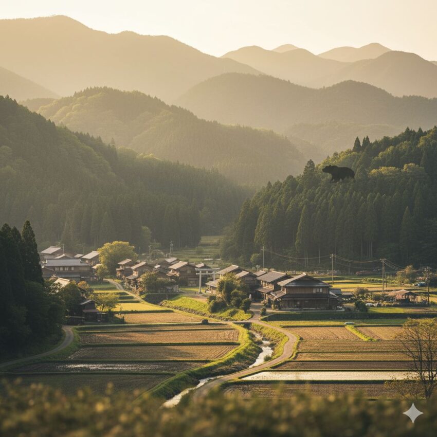 里山の風景。山と森、小さな村が調和している様子。遠くの森に熊のシルエット