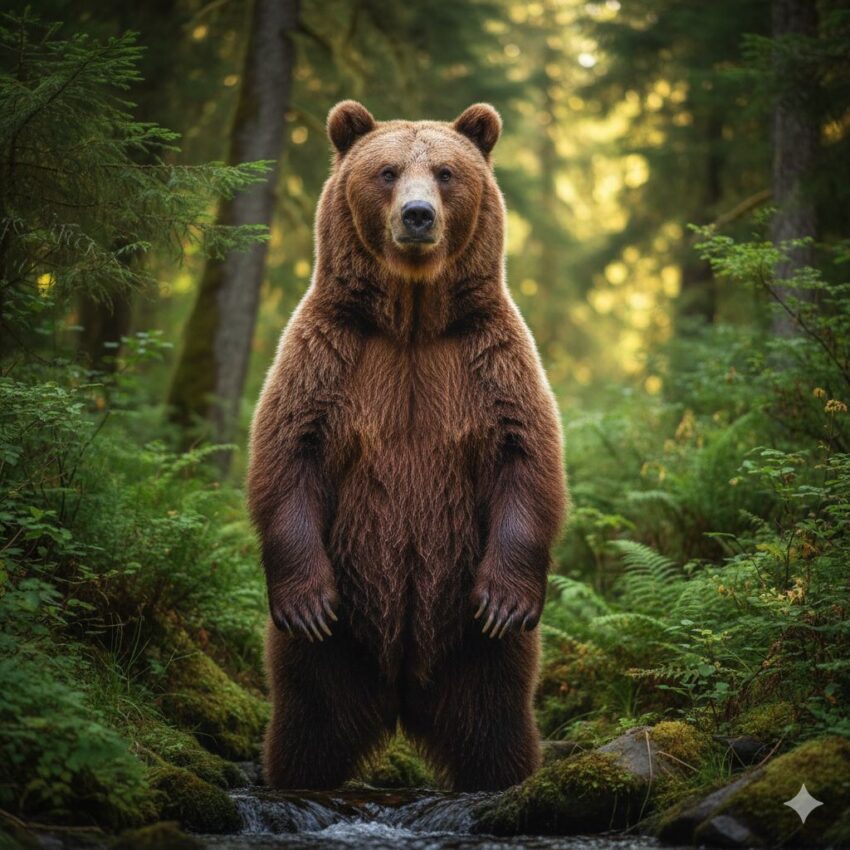 森の中に立つヒグマの正面からの写真。穏やかな表情で自然の中に佇む姿が印象的