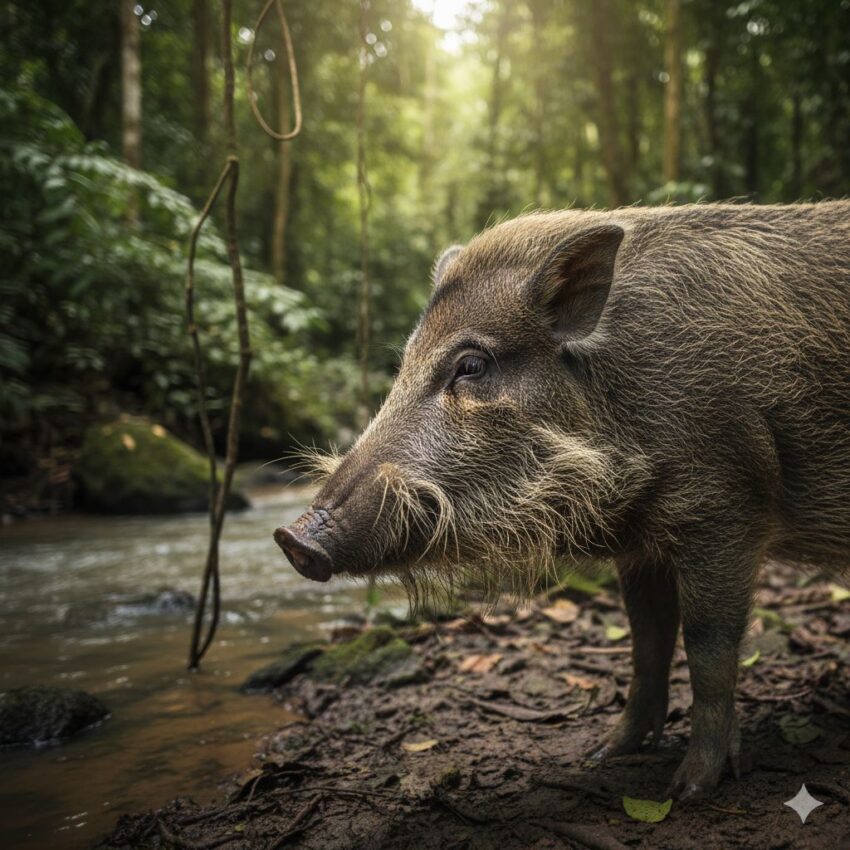 Bearded pig (Sus barbatus) with distinctive long facial hair extending from mouth to ears in tropical rainforest