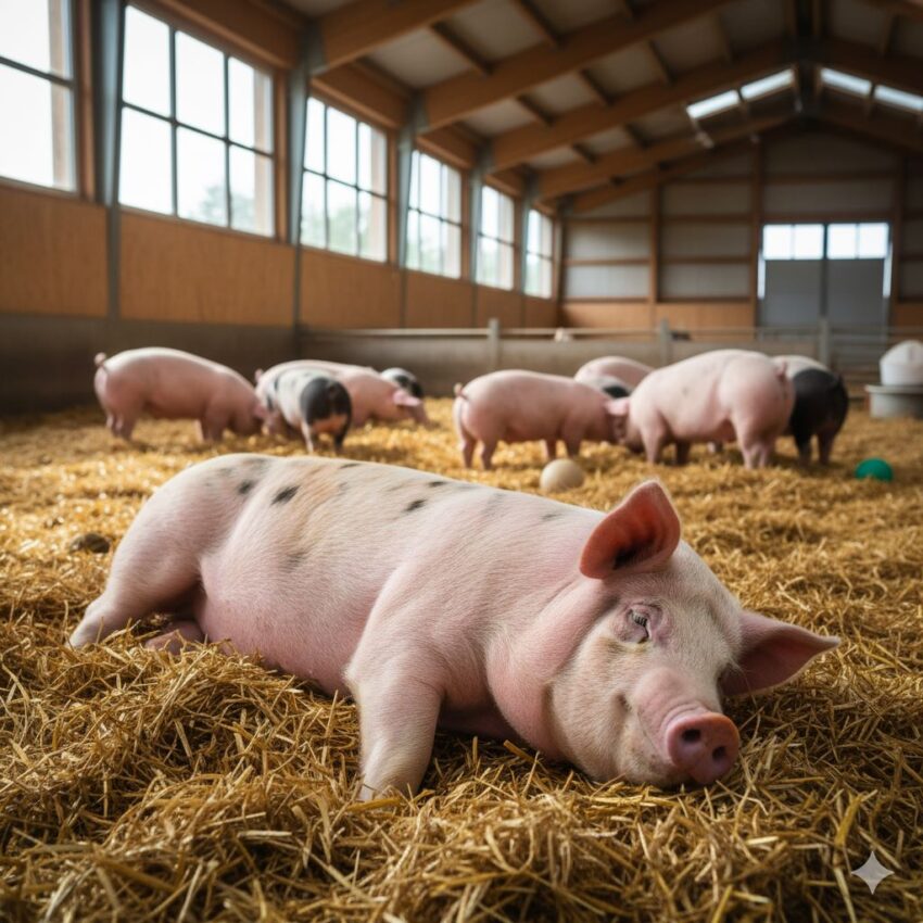 清潔な寝床と広々とした環境で飼育される家畜の豚、動物福祉に配慮した飼育環境