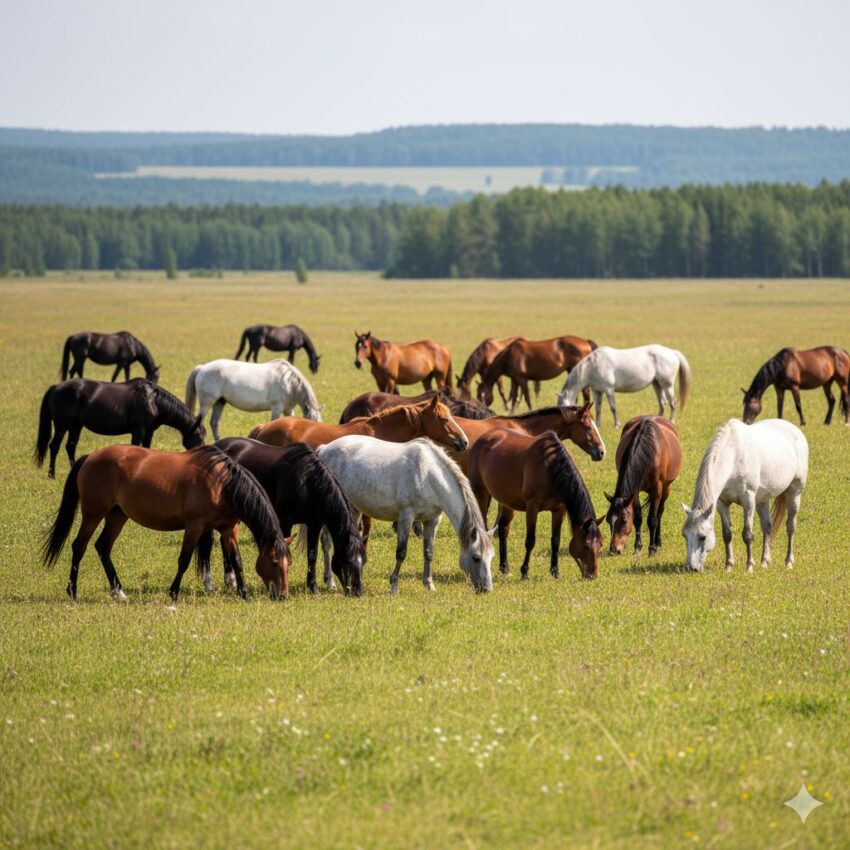 群れで草を食む馬たちの様子