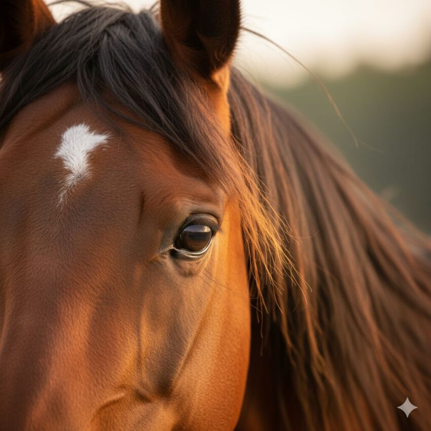 賢そうな表情を見せる馬の顔のクローズアップ