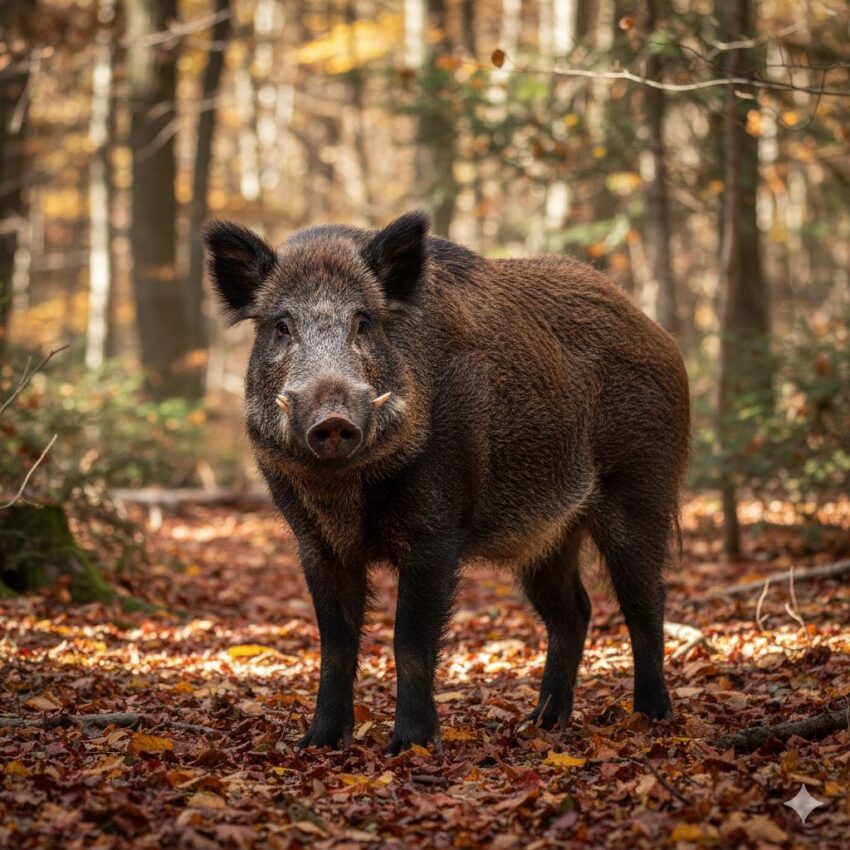 Japanese wild boar (Sus scrofa leucomystax) with brown fur and white moustache markings standing in forest habitat