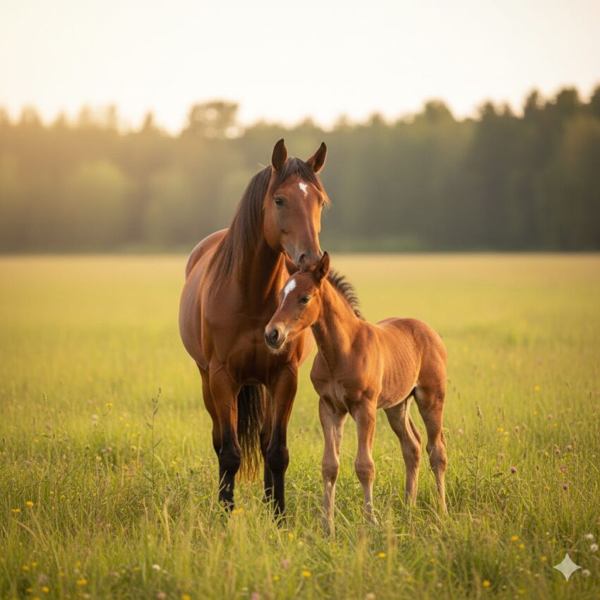 母馬と子馬が寄り添って立っている温かい光景