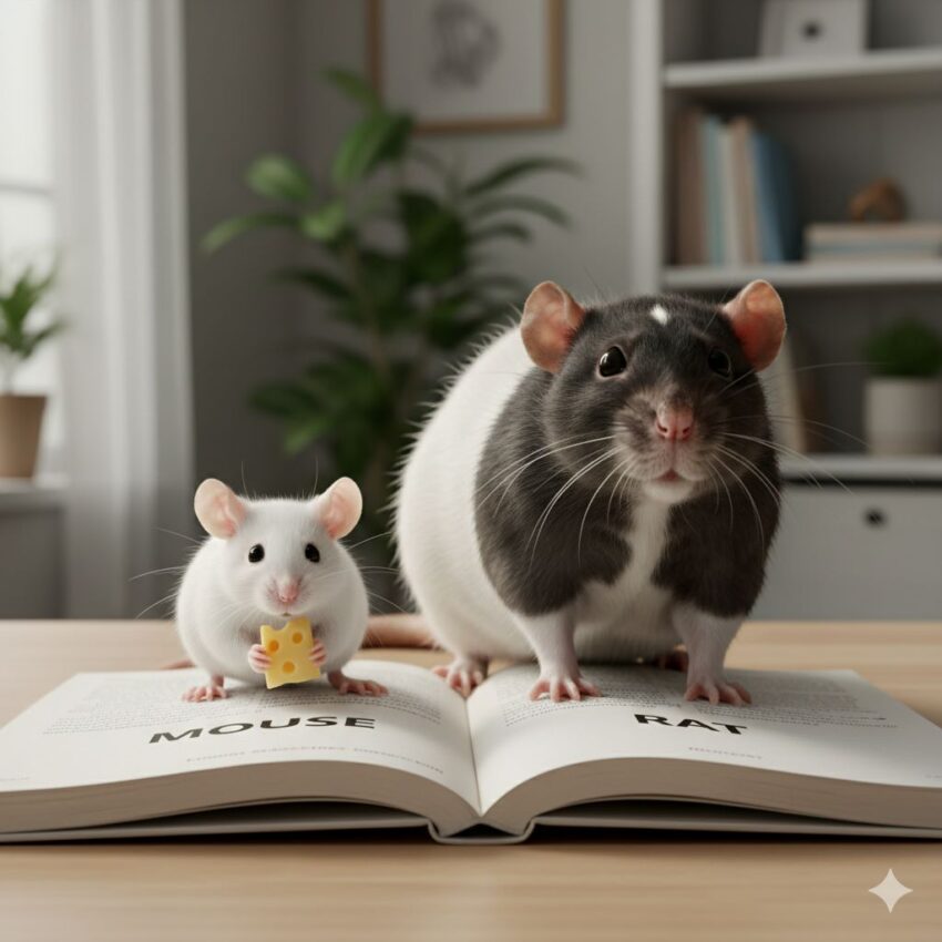 Photorealistic comparison of a small white mouse and larger fancy rat on a wooden table with an English textbook