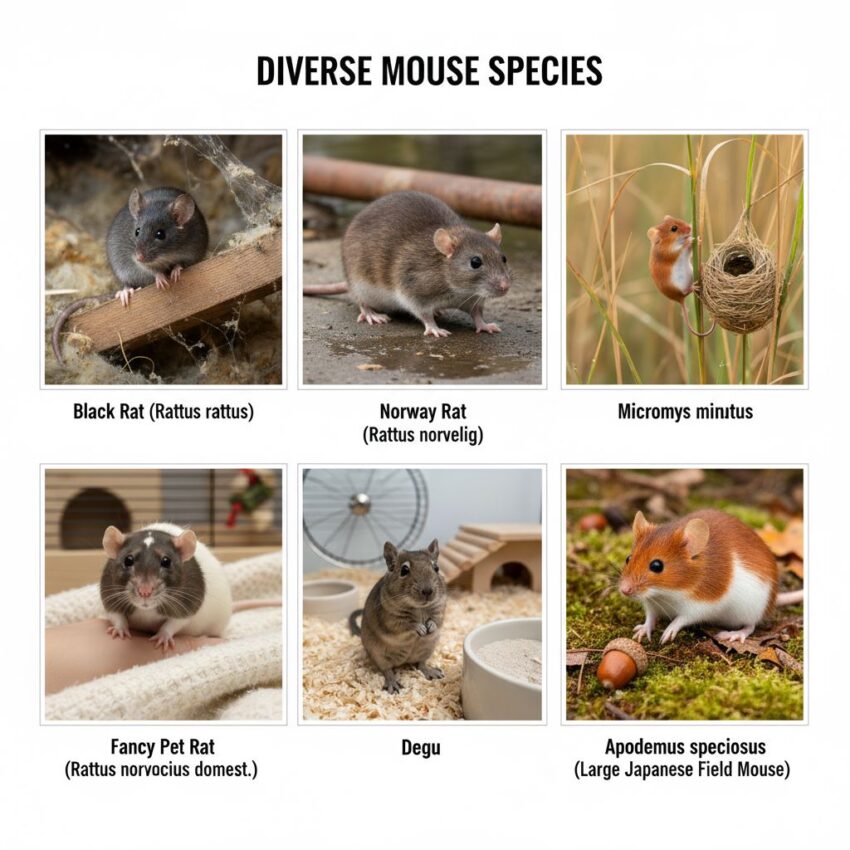 ネズミの種類完全ガイドのアイキャッチ画像｜家ネズミ・野生ネズミ・ペットネズミを含む様々な種類