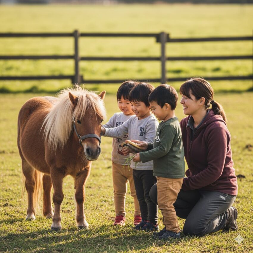 野間馬とホースセラピーで優しく触れ合う子どもたち、日本最小の品種、穏やかな表情、屋外パドック