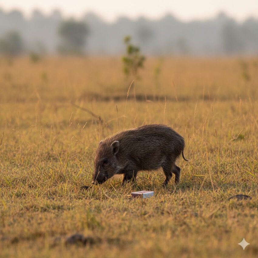 Pygmy hog (Sus salvanius), world's smallest wild pig species, critically endangered, rabbit-sized body in grassland