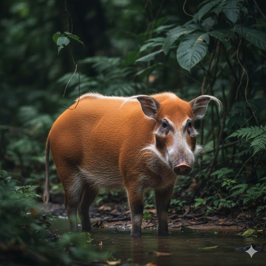 Red river hog (Potamochoerus porcus) with vibrant reddish-brown fur and white facial markings in African rainforest
