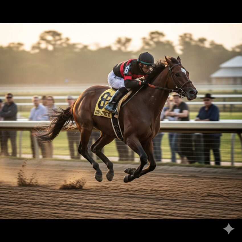 朝日の中トレーニングトラックを疾走するサラブレッド競走馬、優雅で背の高い筋肉質な馬、流れるたてがみ、騎手騎乗