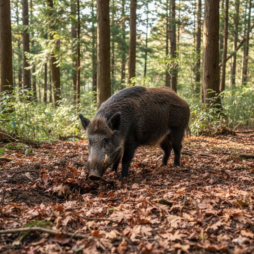 森林の自然環境で餌を探すイノシシ、筋肉質な体つきと茶褐色の毛並みが特徴的
