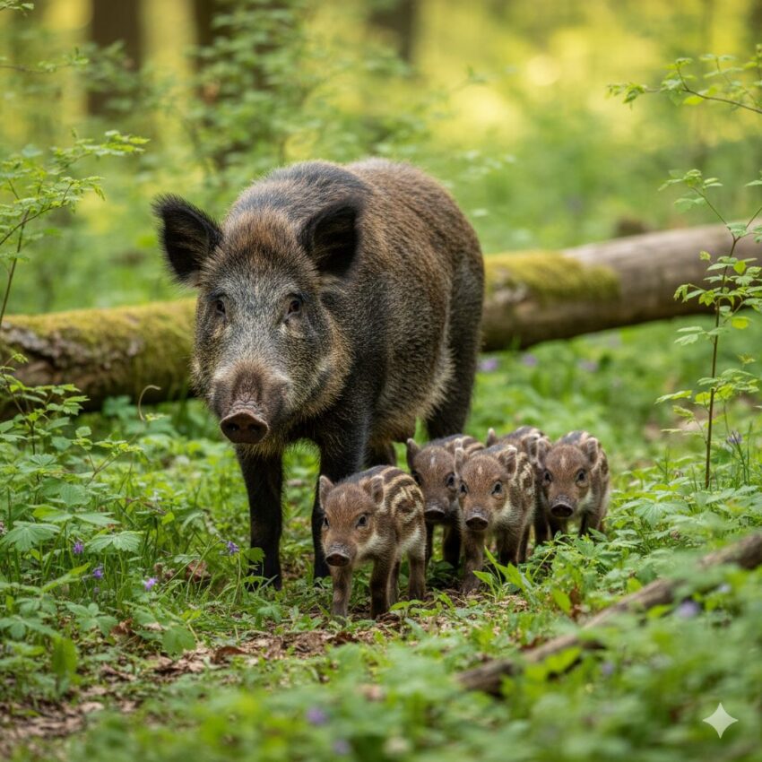 縞模様のあるウリボウ（子イノシシ）が母親と行動する様子