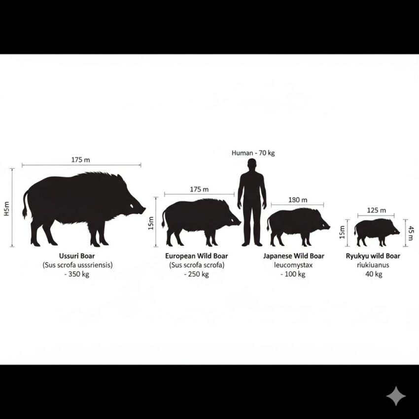 Size comparison illustration showing wild boar subspecies from largest Ussuri boar to smallest Ryukyu boar with human reference