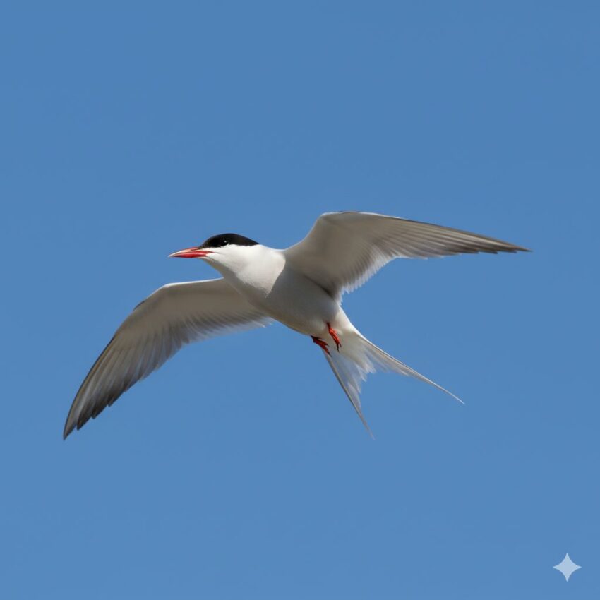 キョクアジサシ、白い体と赤いくちばし、飛翔姿