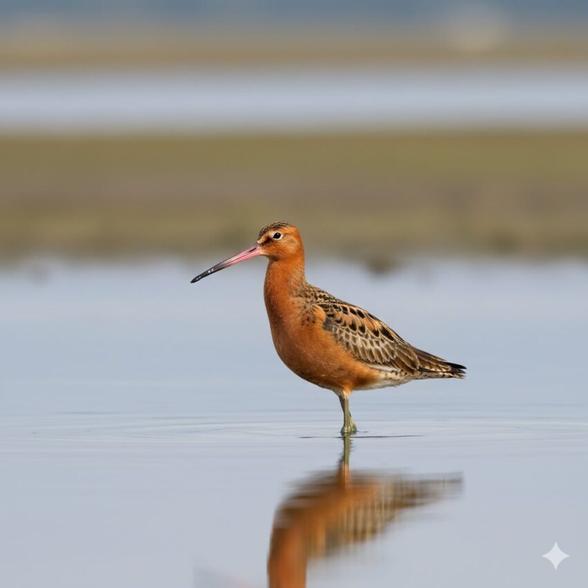 オオソリハシシギ夏羽、赤褐色の体とやや上に反ったくちばし