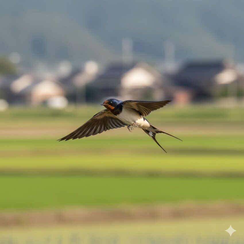 飛翔中のツバメ、青黒い背中と赤褐色の喉、白い腹部が特徴的