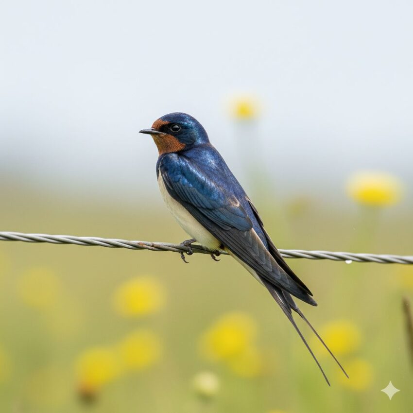 ツバメの全身、青黒い背中と赤褐色の喉、白い腹部と長い尾が特徴