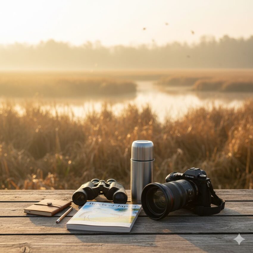 バードウォッチングの必需品、双眼鏡と野鳥図鑑、ノートなどの装備